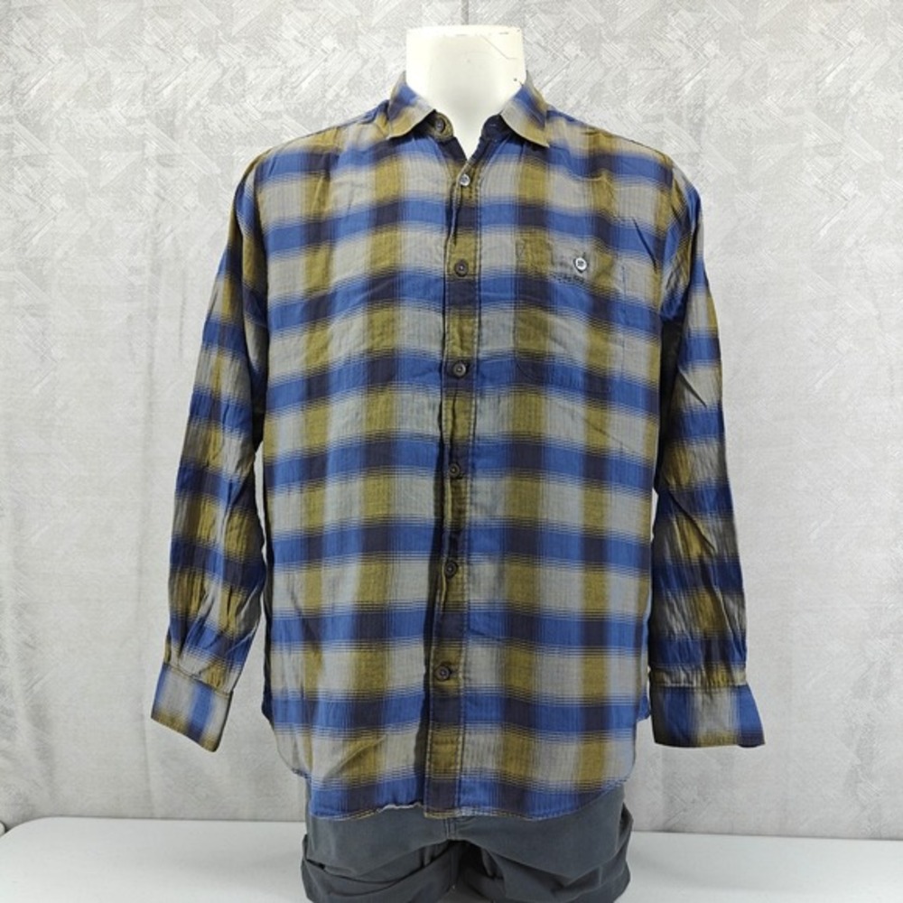 32 Bar‎ Blues Shirt Mens Large Blue Olive Green Plaid Button Long Sleeve Cotton